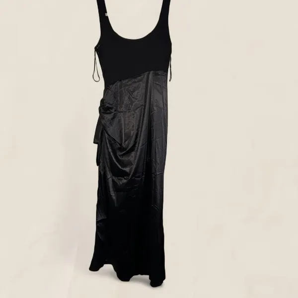 Mable silky draped bow side statement high slit maxi dress | small Black - Image 4