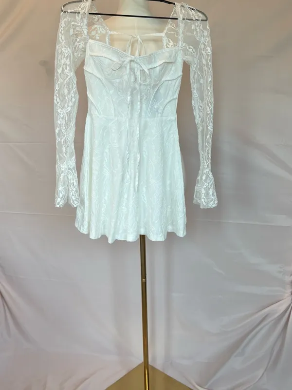 PrettyLittleThing White Lace Long Sleeve Mini Dress - Image 3
