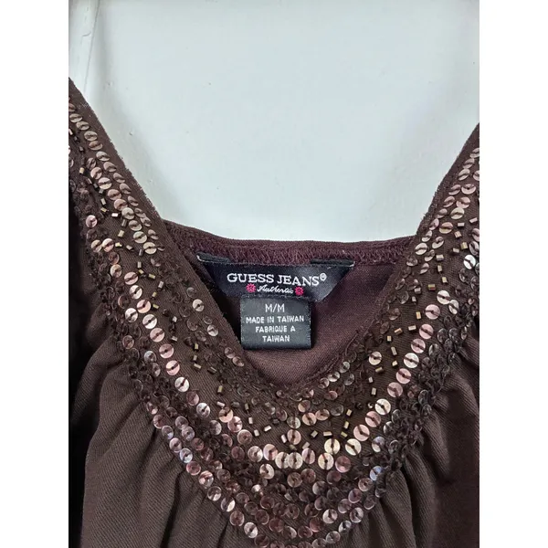 Y2K Guess Jeans‎ Womens Brown Sequin V-Neck Camisole Adjustable Strap Tank Top M - Image 2