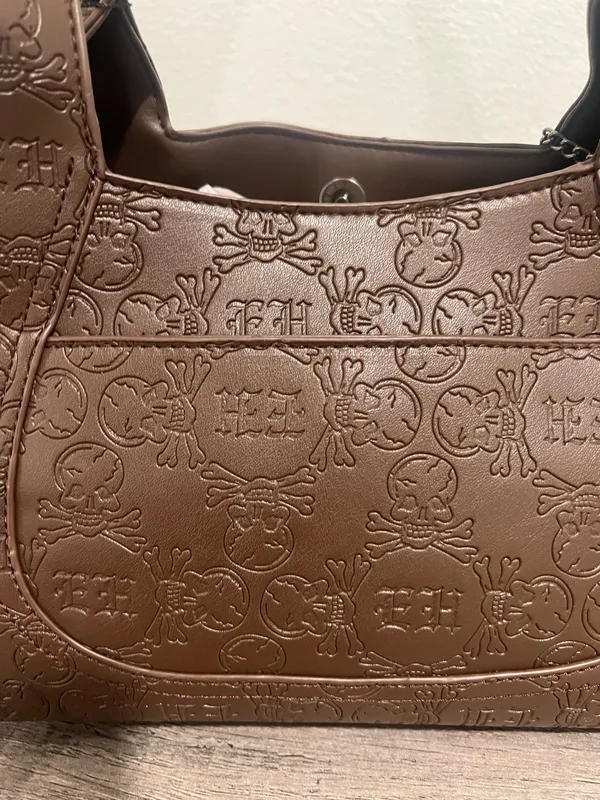 Chocolate Brown Embossed Shoulder Bag with Skull Patch by Ed Hardy - Image 7