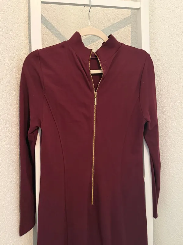 Kensie Burgundy Gold-Zip Long-Sleeve Ponte Midi Dress - Image 4
