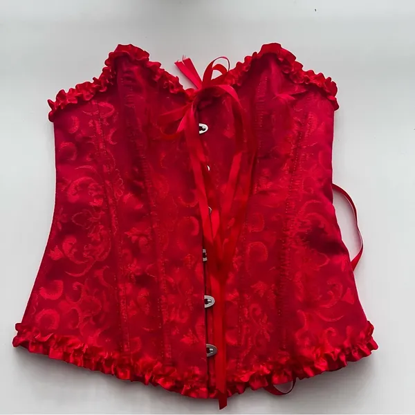 Lace up Hook and eye Red corset ruffle trim Medium - Image 2