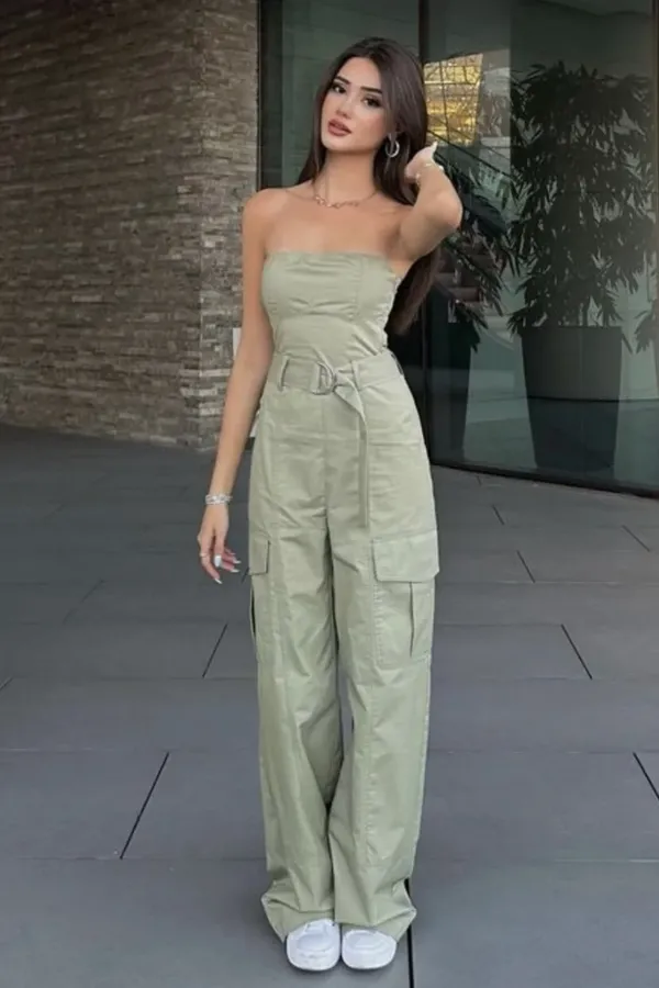 ZARA jumpsuit technical fabric cargo sleeveless wide streight leg light khaki - Image 7