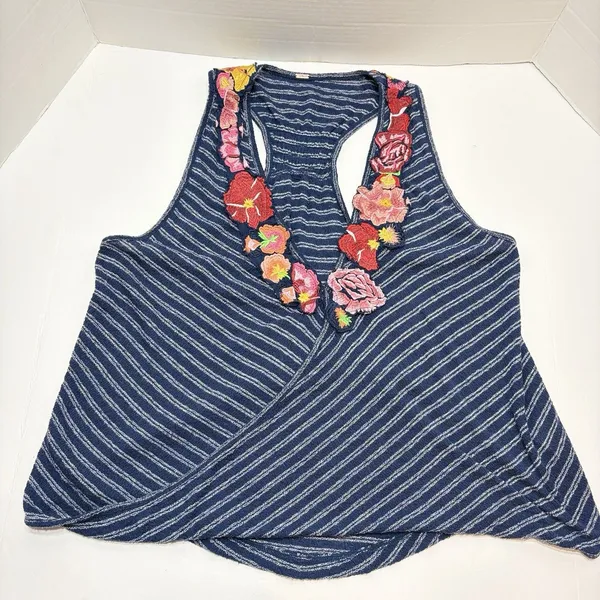 Free People Women’s Floral Embroidered Blue Stripe Frida Tank Top Size Medium - Image 6