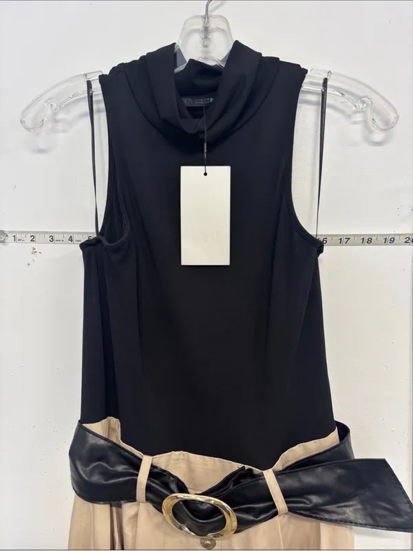 Zara Black & Cream Sleeveless Maxi Dress with Gloss Belt - Image 8