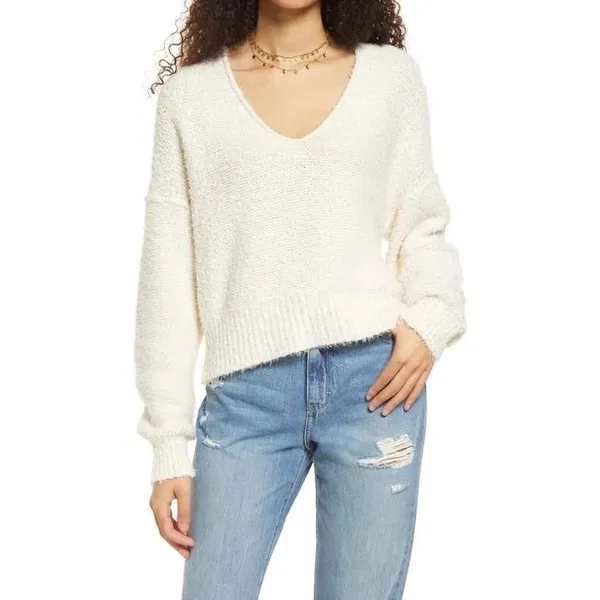 We The Free Free People Theo V Neck Sweater Cream Textured Knit XL OB1368374 - Image 2
