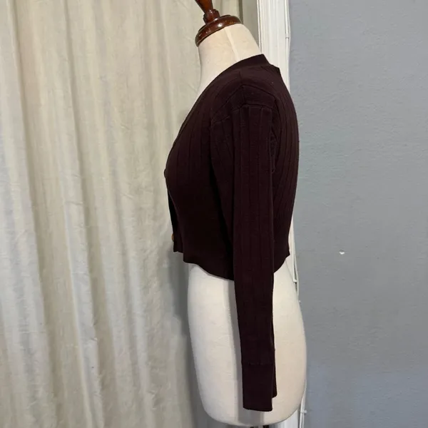 All The Ways Brown Ribbed Knit Cropped Cardigan V-Neck Stretcy Top‎ Women Size S - Image 4
