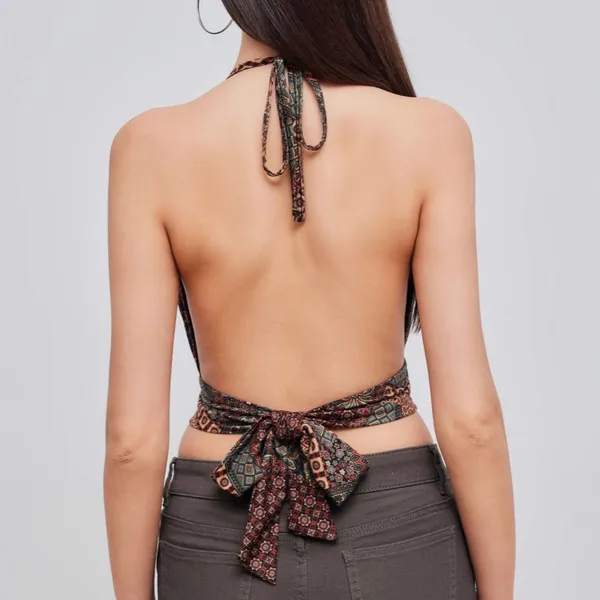Cider X-small Woven Halter Aztec Knotted Back Crop Top - Image 2