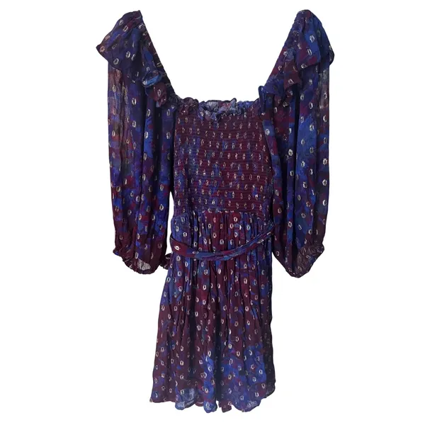 Cleobella Elizabeth Mini Dress‎ Size XS Purple Confetti Metallic Bubble Sleeve - Image 6
