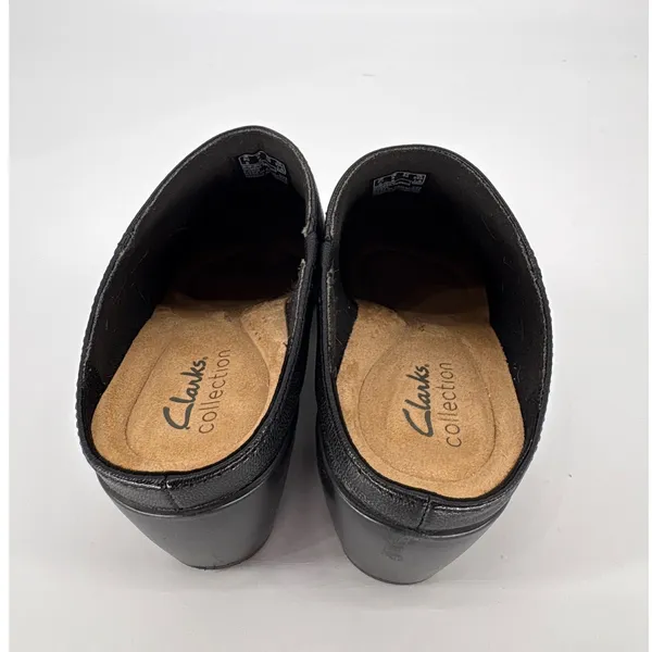 Clarks‎ Collection Mules Womens 6 Black Leather Ruched Slip On Block Heel Shoes - Image 5