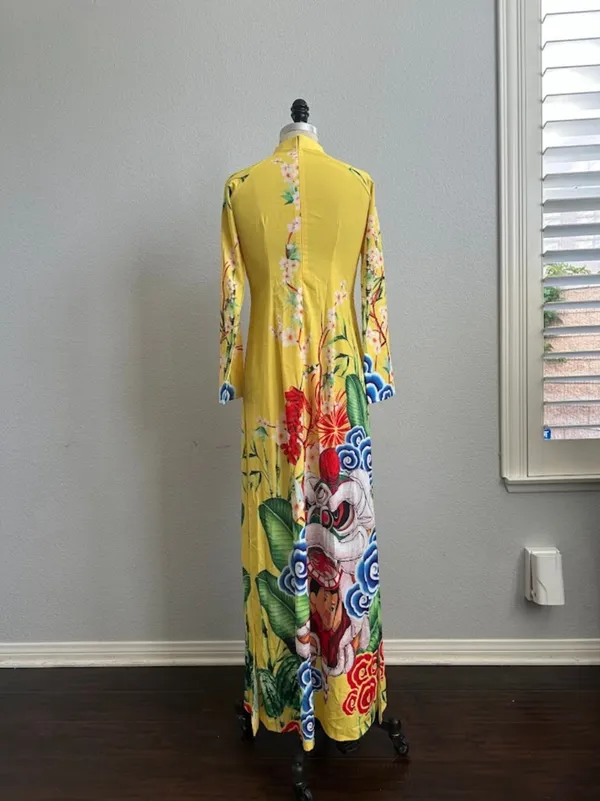 Ao Dai Silk Yellow Floral Dragon Print Long Sleeve Maxi Dress Size M - Image 4