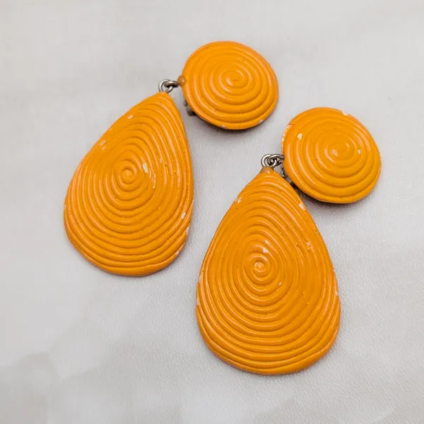 Vintage Clip On Earrings Extra Large Orange Dangle Drop Orange - Fair Condition - Image 2
