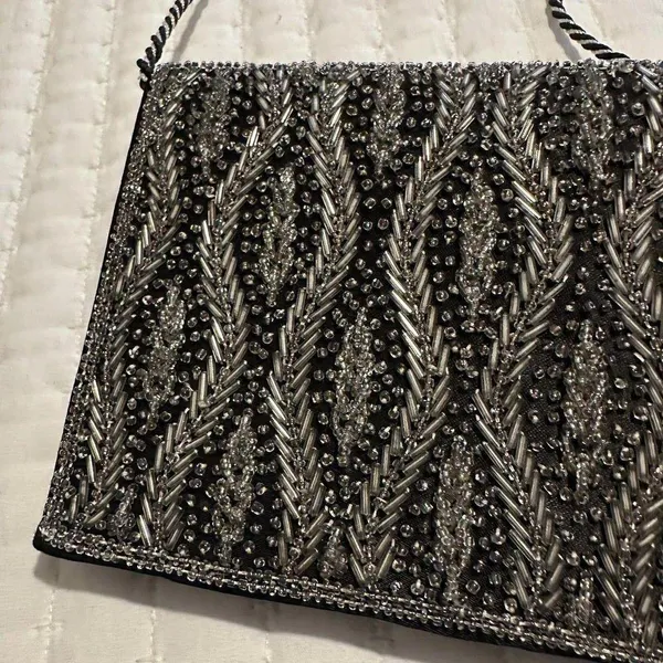 Women’s Black & Clear Beaded Bead Thin Shoulder Bag Evening Purse - Image 6