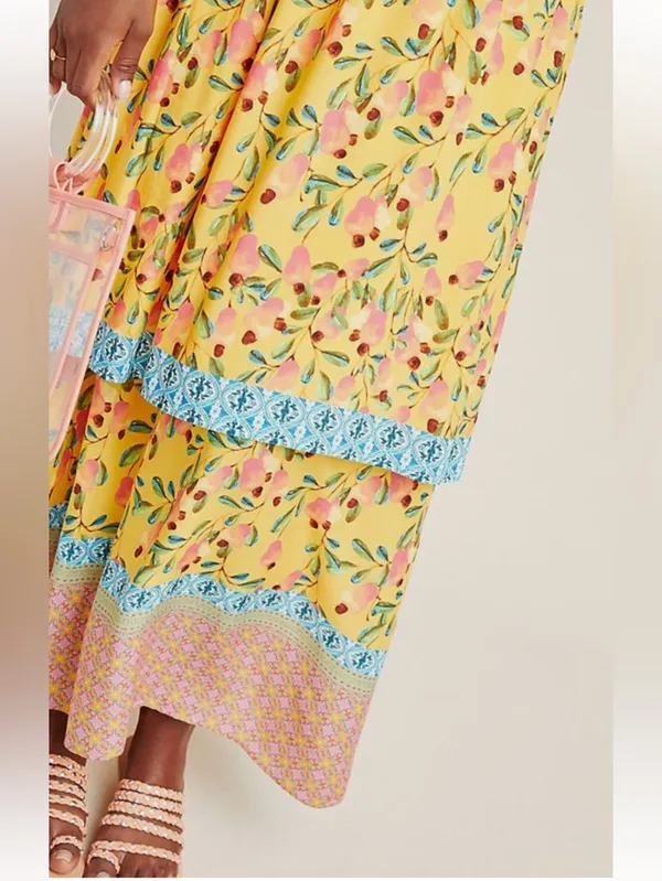 FARM Rio for Anthropologie Anjou Yellow Floral Maxi Dress with Blue Trim Size 0 - Image 3