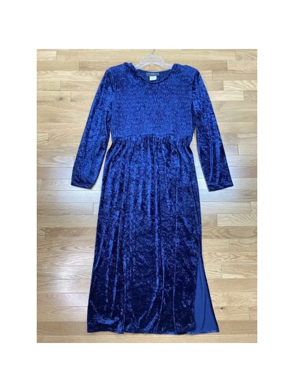 -Y2K Molly Malloy Velvet Maxi Dress Womens 16 Blue Smocked Long Sleeves - Image 2