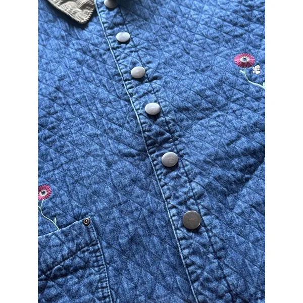VTG HAIK’S Quilted Denim Jacket 2X USA Floral Patch Corduroy Collar Americana - Image 5