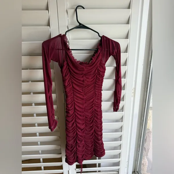 MAJORELLE Burgundy Ruched Lace-Up Long Sleeve Dress - Image 3