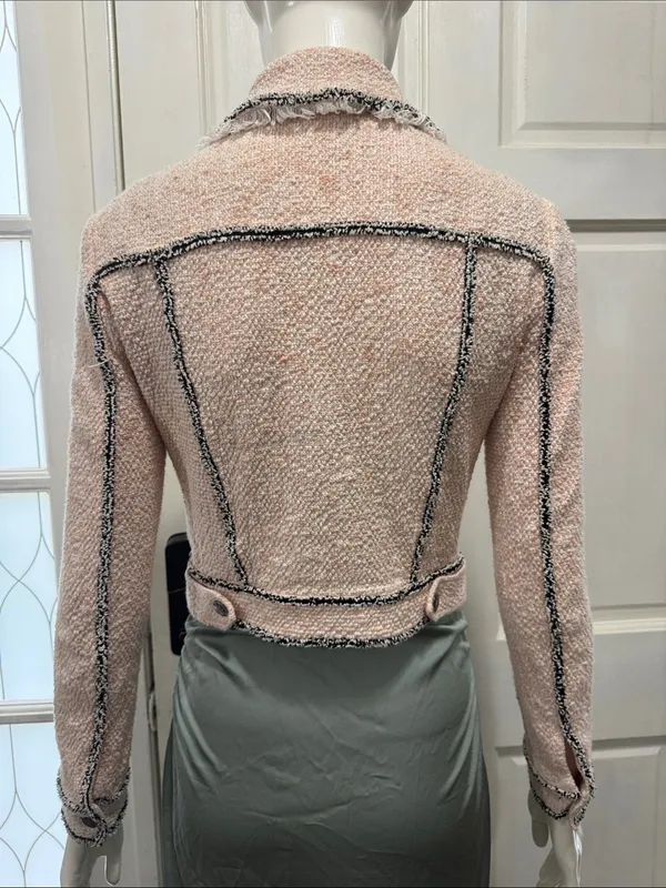Veronica Beard Cotton Blend Pale Pink Tweed Fringed Blazer with Gray Trim S XS - Image 10
