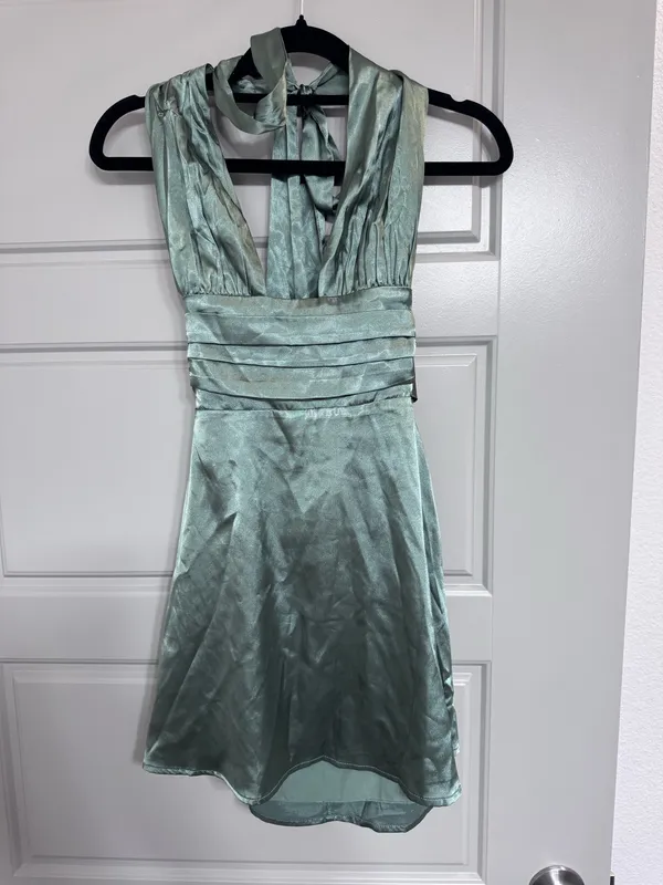 dark sage green lucy in the sky halter mini dress - Image 5