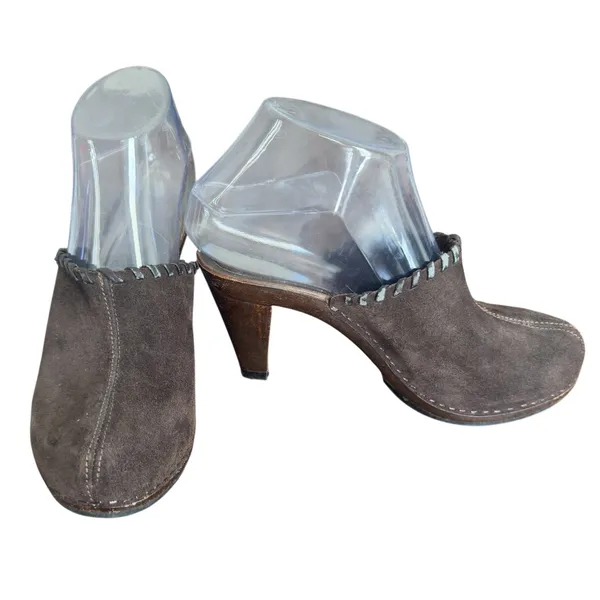 Made in Italy Suede Mules Clogs Chunky Heel‎ Brown Leather Upper Women's Size 6 - Image 2