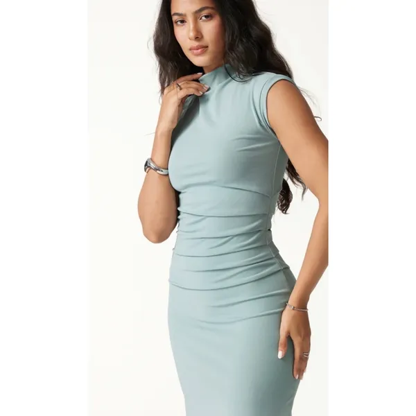 OGLmove Mockneck Tucks Midi Dress Pastel Blue Size 2XS New With Tags - Image 2
