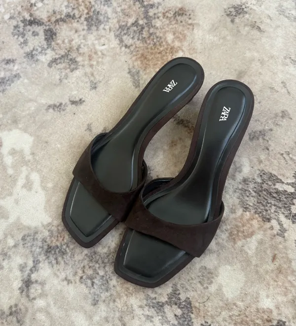 Zara Brown Suede Open-Toe Mid Heel Slide Mules - Image 7