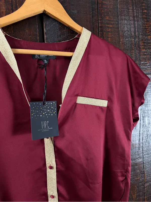 INC Burgundy Satin Blouse Pajama Top XS - Image 7