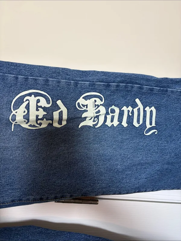 Ed Hardy Women’s 26 Brave Eagle Wide Leg Grunge Y2K Blue Denim Jeans - Image 4
