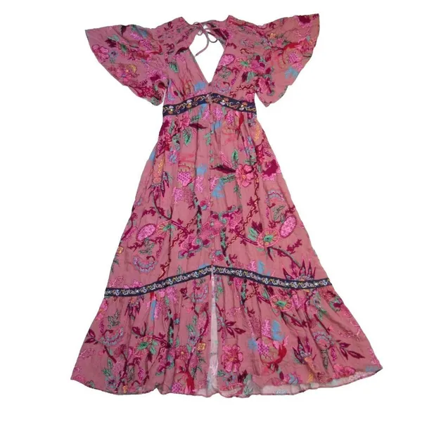 NWT by Anthropologie Ruffled Embroidered Maxi in Pink Floral V-neck Dress S - Image 6