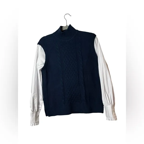 LOFT Sweater Vest Blouse Combo Womens S Navy‎ White Cable Knit Mixed Media Top - Image 2