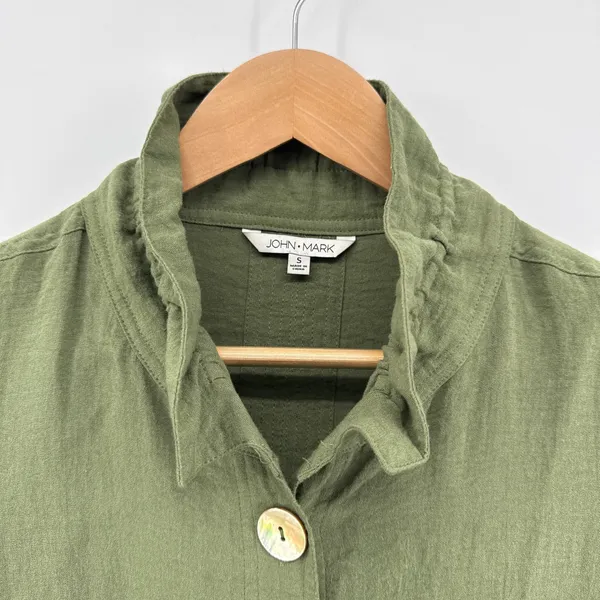 JOHN MARK Olive Green Textured‎ Button Front Shirt Tunic Top Size Small Roll Tab - Image 3