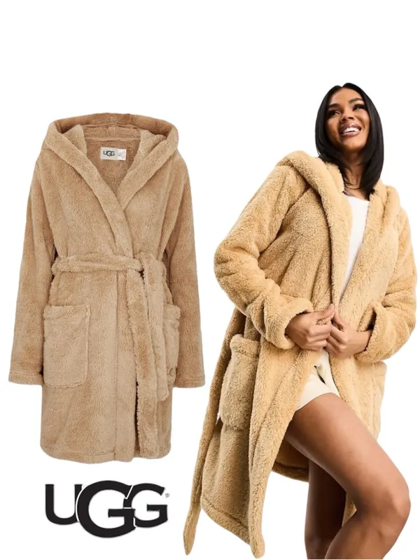 UGG Aarti Hooded Teddy Sherpa Fleece Robe in San Camel Beige NWT Sz. M - Image 2
