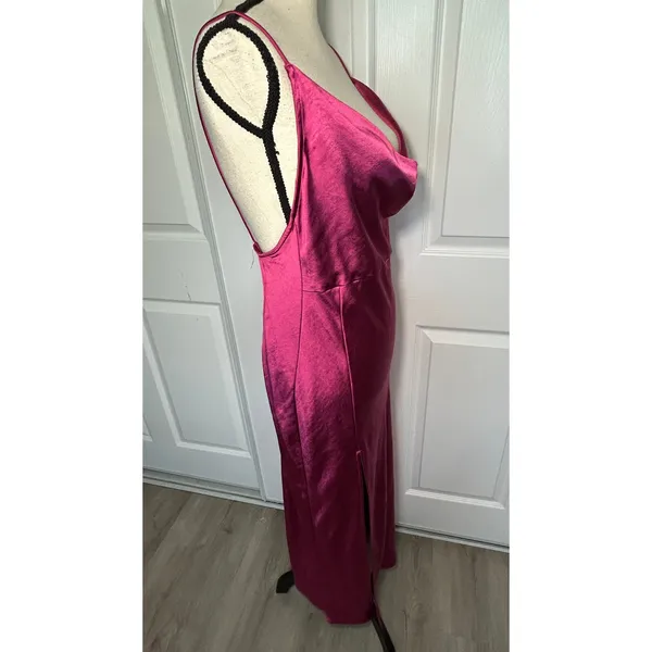 Lioness Satin Maxi Dress L Magenta Pink Cowl Neck Side Slit‎ Open Back Slip - Image 4