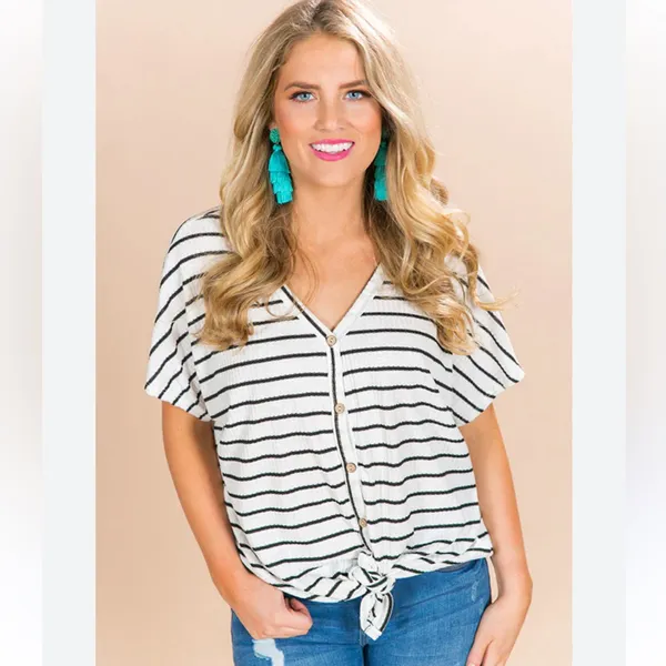 I Joah black and white striped tie front top - Image 2