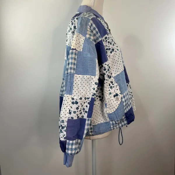 Patchwork Bomber Jacket by Tangibles Blue Cotton Florals Gingham Size M - Image 5