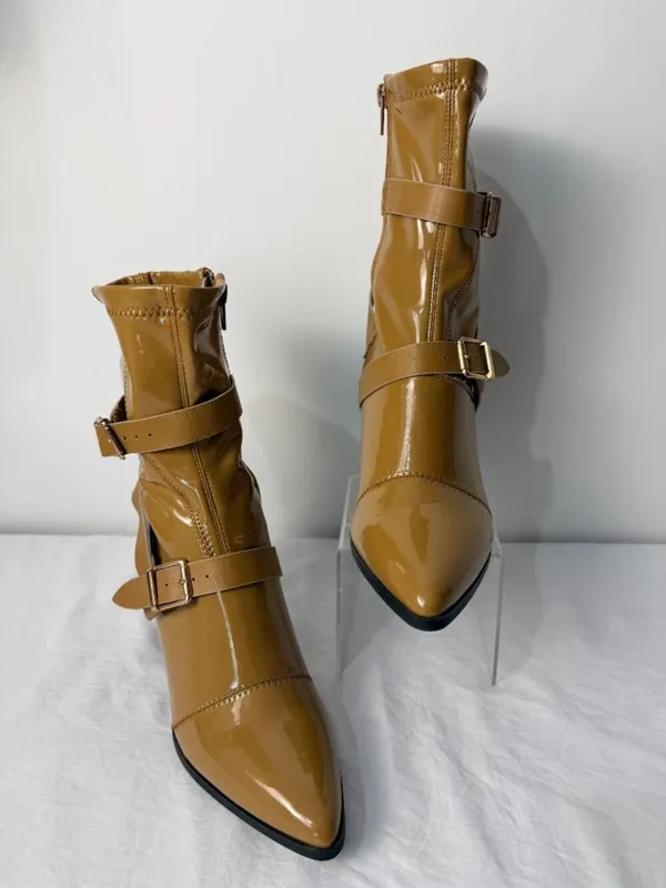 Bamboo Patent Leather Ankle Boots Women’s 7.5 Block Heel Buckle Strap Tan Brown - Image 11
