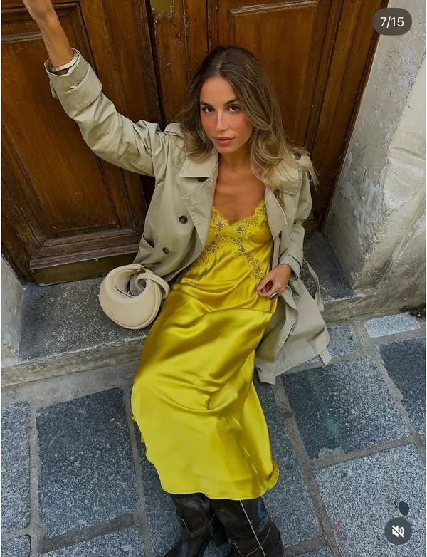 Zara Lace-Trim Slip Satin Maxi Dress in Mustard Chartreuse Yellow - Image 6