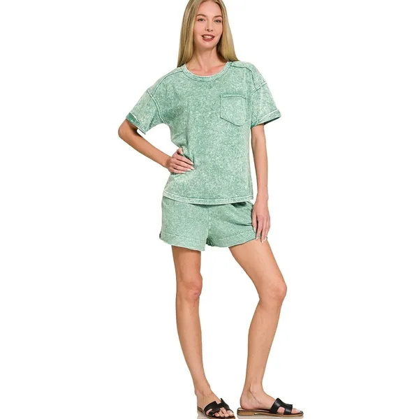 Zenana Halo Snow Washed Exposed Seam Top &‎ Shorts Set - Large - Image 2