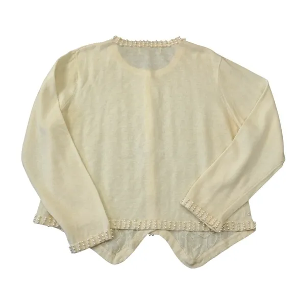 Vintage Cream Faux Pearl Embellished Cardigan Sweater Scalloped Hem Feminine‎ - Image 6