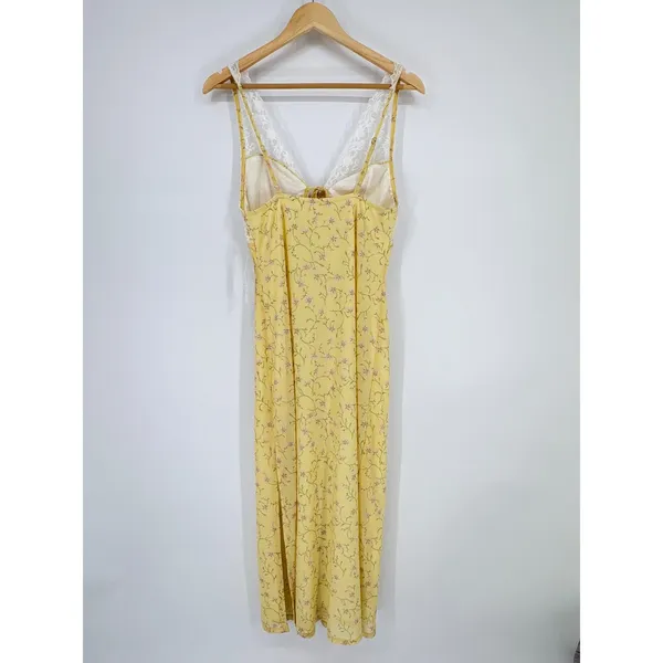 Kirious Los Angeles Yellow Floral Lace Trim Slip Dress Size‎ Large Side Slit NWT - Image 4