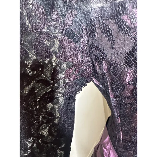 VTG 80s Whimsigoth High-Low Prom Dress Metallic Purple Taffeta Black Lace-Bow S - Image 8