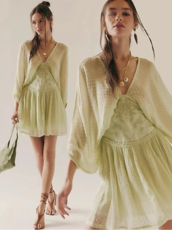 Free People Bohemian Ethereal Cottage Sweet Dreams Mini Dress Frozen Dew Large - Image 2