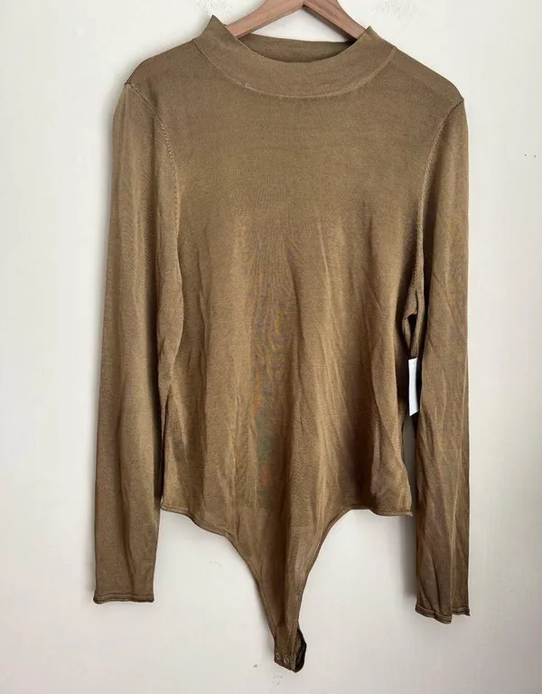 Pale Gold Sheer Mock Neck Bodysuit - Image 2
