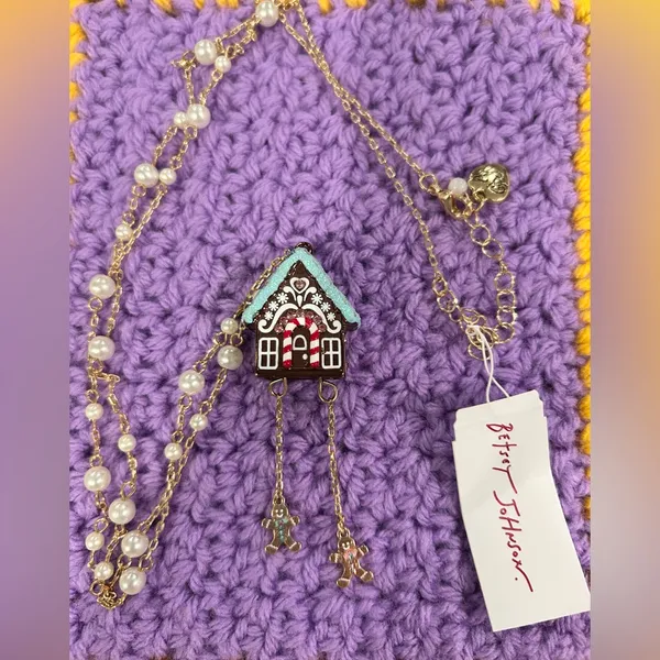 Betsey Johnson NWT Jingle Bell Bling Christmas Gingerbread House Pendant Necklace - Image 2