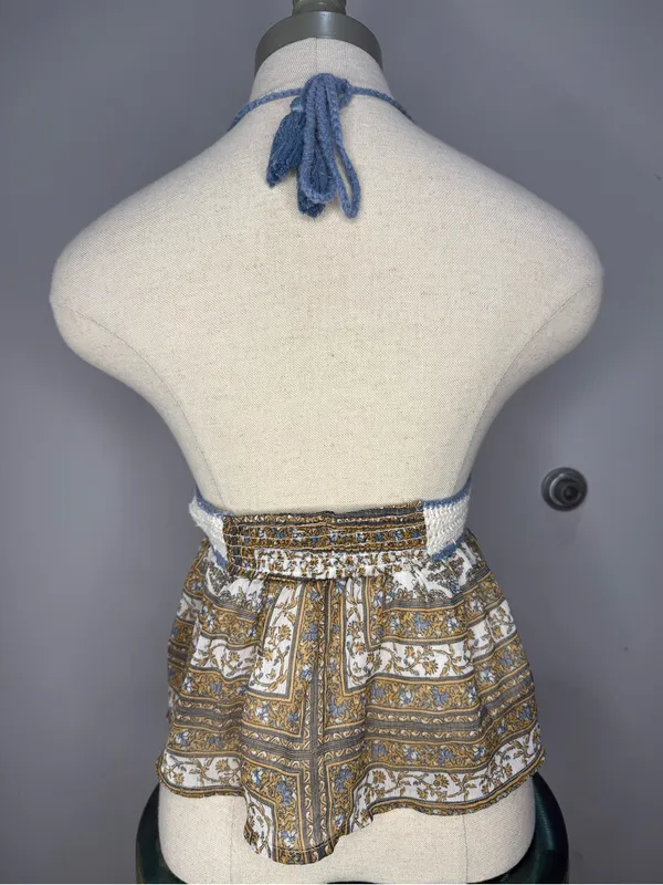 American Eagle Outfitters Cream Crochet Halter Top with Blue & Tan Accents - Image 3
