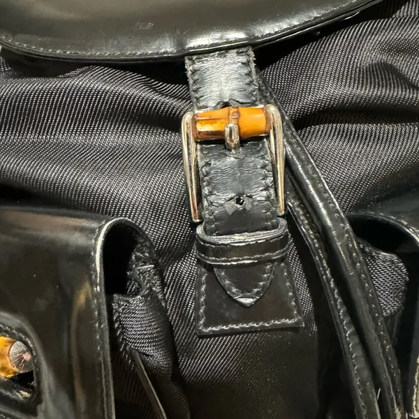 GUCCI Vintage Bamboo Patent Leather/Canvas Backpack Black with Dust Bag - Image 7