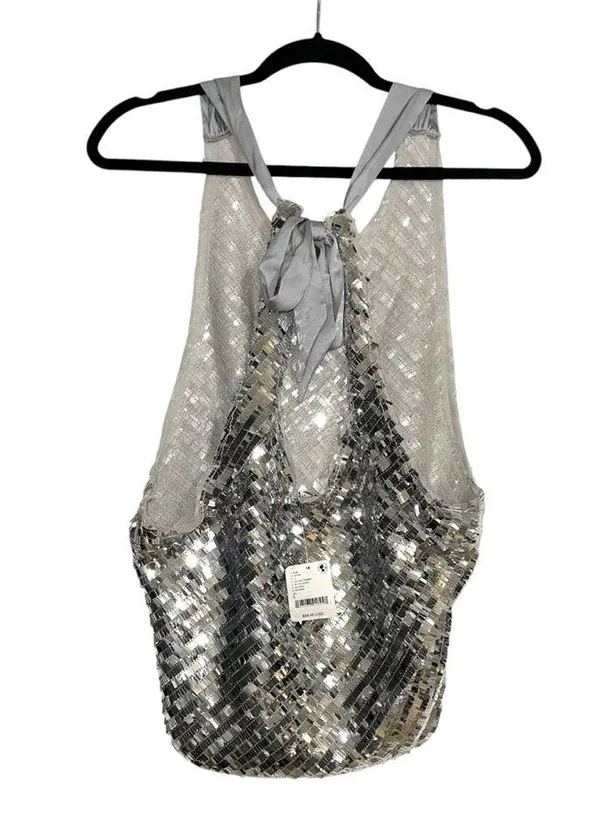 NWT Intimately Free People Disco Fever Sequin Cami Tank in Silver Combo LARGE - Image 6