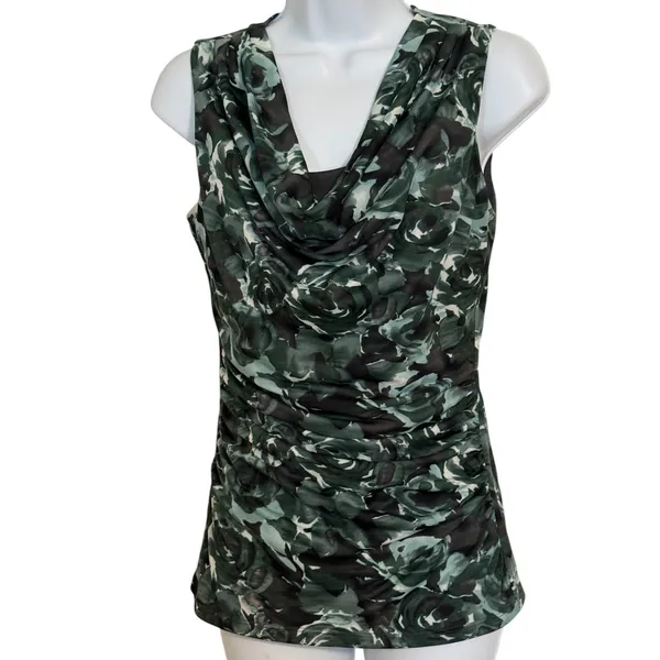 THE LIMITED Green Abstract Floral Cowl Neck Ruched Sleeveless Top EUC‎ XS - Image 2