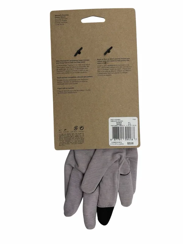 NWT Nike Therma Fit Running Fleece Gloves Gray Beige Touch Screen Womens M/L - Image 2