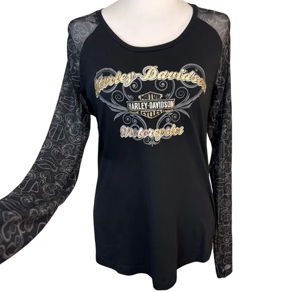 Harley-Davidson Mesh Sleeve Shirt Womens L Black Orlando FL Graphic Biker Moto‎ - Image 2